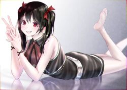 Rule 34 | 1girl, ascot, barefoot, belt, black dress, black hair, bow, commentary request, dress, feet, grin, hair bow, hands up, legs up, love live!, love live! school idol project, lying, on stomach, out type (outtypeex), red ascot, red bow, red eyes, reflection, sleeveless, sleeveless dress, smile, solo, toes, twintails, v, white belt, yazawa nico