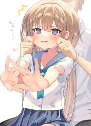 Rule 34 | 1boy, 1girl, ^^^, black pants, blue sailor collar, blue skirt, blush, brown hair, cheek pull, collared shirt, ebihara beniko, fang, hair between eyes, highres, interlocked fingers, long hair, open mouth, original, outstretched arm, pants, pleated skirt, purple eyes, sailor collar, shirt, short sleeves, simple background, sitting, skirt, solo focus, stretching, translation request, v-shaped eyebrows, very long hair, white background, white shirt