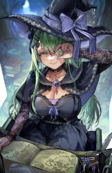 Rule 34 | 1girl, absurdres, book, bow, breasts, capelet, ceres fauna, ceres fauna (goth), cleavage, dice, green hair, hair bow, hat, hat bow, highres, hololive, hololive english, large breasts, long hair, mole, mole under eye, open book, pile of books, smile, virtual youtuber, vyragami, witch hat, yellow eyes