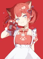 Rule 34 | 1girl, :3, absurdres, akami karubi, animal ear fluff, animal ears, animal hands, apron, blue eyes, blue ribbon, blush stickers, bow, closed mouth, commentary request, dress, fur-trimmed gloves, fur trim, gloves, hair ornament, hair ribbon, hand up, head tilt, heart, heart hair ornament, highres, indie virtual youtuber, looking at viewer, paw gloves, puffy short sleeves, puffy sleeves, red background, red bow, red dress, red gloves, red hair, ribbon, short sleeves, signature, simple background, sofra, solo, twintails, twitter username, virtual youtuber, white apron