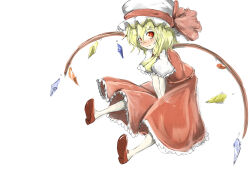 Rule 34 | 1girl, ascot, between legs, blonde hair, blush, closed mouth, crystal, flandre scarlet, frilled sleeves, frills, from side, frown, full body, hand between legs, hat, hat ribbon, highres, large ribbon, looking at viewer, mob cap, multicolored wings, nose blush, one side up, puffy short sleeves, puffy sleeves, red eyes, red footwear, red skirt, red vest, ribbon, shirt, shoe soles, short sleeves, simple background, skirt, solo, touhou, vest, watchi, white background, white hat, white shirt, wings, yellow ascot