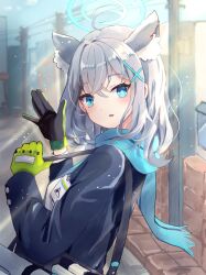 Rule 34 | 1girl, animal ear fluff, animal ears, black gloves, black jacket, blue archive, blue eyes, blue halo, blue scarf, commentary, cross hair ornament, extra ears, gloves, green gloves, grey hair, hair ornament, halo, highres, jacket, komena (shinyday312), long sleeves, looking at viewer, medium hair, mismatched pupils, open mouth, outdoors, revision, scarf, shiroko (blue archive), smile, solo, two-tone gloves, upper body, wolf ears