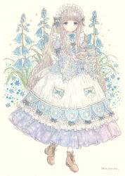 Rule 34 | 1girl, black bow, blue dress, blue eyes, blue flower, blue ribbon, blue theme, boots, bow, brown footwear, classic lolita, commission, cross-laced clothes, cross-laced dress, cross-laced footwear, dress, expressionless, fashion, floral print, flower, flower request, frilled bow, frilled dress, frills, full body, grey hair, hair bow, hairband, holding, holding tray, layered dress, leaf, light blush, lolita fashion, lolita hairband, long hair, long sleeves, looking at viewer, multicolored clothes, multicolored dress, neck ribbon, no nose, original, parted lips, plant, print dress, ribbon, simple background, skeb commission, solo, star (symbol), takanashi tsubasa, tray, twitter username, very long hair, white dress, wide sleeves