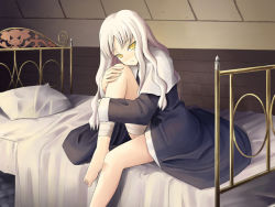 Rule 34 | 00s, 1girl, bandaged leg, bandages, barefoot, bed, black dress, blanket, blush, brick wall, capelet, caren hortensia, dress, fate/hollow ataraxia, fate/stay night, fate (series), hand on own knee, head tilt, hugging own legs, indoors, long hair, long sleeves, looking at viewer, on bed, pillow, sitting, solo, white hair, yellow eyes