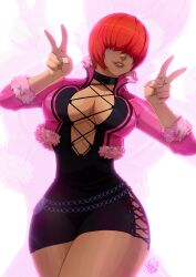 Rule 34 | 1girl, artist request, black dress, breasts, center opening, chain, cleavage, collarbone, dress, feather trim, female focus, fingernails, grin, hair over eyes, highres, jacket, large breasts, lips, looking at viewer, makeup, parted lips, pink jacket, pink nails, red hair, red lips, shermie (kof), short dress, short hair, signature, smile, snk, solo, standing, teeth, the king of fighters, the king of fighters xv, thick thighs, thighs