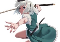 Rule 34 | 1girl, absurdres, bob cut, closed mouth, commentary, cowboy shot, eyelashes, fighting stance, floating hair, foreshortening, frilled skirt, frills, green skirt, green vest, grey hair, highres, holding, holding sword, holding weapon, katana, knee up, konpaku youmu, looking at viewer, outstretched arm, puffy short sleeves, puffy sleeves, serious, sheath, shirt, short hair, short sleeves, simple background, skirt, solo, sword, touhou, tsurime, v-shaped eyebrows, vest, weapon, white background, white shirt, yuri kowashi (tetsukabuto nuranura)