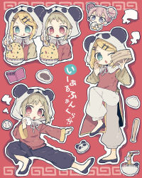 Rule 34 | 3girls, :o, :q, animal hood, bamboo steamer, baozi, baseball, baseball bat, black footwear, black pantyhose, blonde hair, blush stickers, book, bowl, chinese clothes, commentary, double bun, eating, food, fried rice, full body, green eyes, green hair, grey eyes, gumi, hair bun, hair ornament, hairclip, highres, holding, holding food, holding spoon, hood, kagamine rin, kanato345, looking at viewer, multiple girls, noodles, one eye closed, open mouth, outline, panda hood, pants, pantyhose, pink hair, ramen, red background, red eyes, red shirt, shirt, short hair, sidelocks, simple background, spoon, steam, swept bangs, tongue, tongue out, upper body, vocaloid, white pants, yi er fan club (vocaloid)