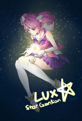 Rule 34 | 1girl, bare shoulders, black background, breasts, character name, closed mouth, collarbone, commentary request, floating, gloves, green background, highres, holding, league of legends, lux (league of legends), medium breasts, over-kneehighs, pink hair, pink shirt, pleated skirt, purple skirt, ruan chen yue, shirt, shoes, skirt, smile, star guardian (league of legends), star guardian lux, thighhighs, twintails, white gloves