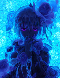 Rule 34 | 1girl, afloat, backlighting, blue flower, blue rose, blue theme, braid, covered mouth, covering own mouth, finger ribbon, flower, hair between eyes, hair flower, hair ornament, holding, holding flower, long bangs, long hair, looking at viewer, original, petals, purple eyes, ribbon, rose, solo, upper body, watari taichi, water