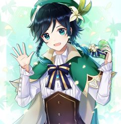 Rule 34 | 1boy, androgynous, beret, black hair, blue hair, bow, box, braid, brooch, cape, collared cape, collared shirt, cometalice, corset, flower, frilled sleeves, frills, gem, genshin impact, gradient hair, green eyes, green hat, hat, hat flower, highres, holding, holding box, jewelry, leaf, light particles, long sleeves, male focus, multicolored hair, open mouth, ribbon, shirt, short hair with long locks, simple background, smile, solo, twin braids, venti (genshin impact), white flower, white shirt