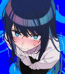 Rule 34 | 1girl, @ @, ado (utaite), black pants, blue background, blue eyes, blue hair, blush, center frills, chando (ado), closed mouth, cloud nine inc, collared shirt, commentary, dress shirt, foreshortening, frills, from above, gloves, hair between eyes, have to pee, highres, long hair, long sleeves, looking at viewer, looking up, mole, mole under eye, nervous sweating, pants, riseno, shadow, shirt, sidelocks, solo, sweat, utaite, very long hair, wavy mouth, white gloves, white shirt