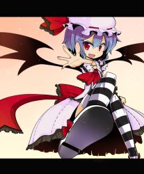 Rule 34 | 1girl, ascot, bad id, bad pixiv id, bat wings, blue hair, bow, dress, fang, female focus, gradient background, hat, hat ribbon, highres, katsudansou, letterboxed, lights, open mouth, outstretched hand, pink dress, red eyes, remilia scarlet, ribbon, short hair, smile, solo, striped clothes, striped thighhighs, thighhighs, touhou, wings, zettai ryouiki