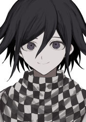 Rule 34 | 1boy, absurdres, black eyes, black hair, checkered clothes, checkered scarf, closed mouth, danganronpa (series), danganronpa v3: killing harmony, flipped hair, hair between eyes, highres, looking at viewer, male focus, oma kokichi, portrait, scarf, simple background, smile, solo, wa noko, white background