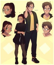 Rule 34 | 1boy, 1girl, black-framed eyewear, black dress, black footwear, black pants, black pantyhose, boots, brown eyes, brown hair, character name, commentary, crossed arms, dark-skinned female, dark skin, dress, english commentary, expressions, freckles, full body, glasses, green eyes, height difference, highres, long hair, original, pants, pantyhose, ponytail, razalor, ri mizukhov, shirt, shoes, simple background, sneakers, standing, tae (razalor), yellow background, yellow shirt