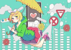 Rule 34 | 1girl, aqua background, aryuma772, balloon, bandaid, blonde hair, blue eyes, boots, bow, cloud, commentary, daisy, expressionless, falling, flower, frilled skirt, frills, green hoodie, hair bow, hair ornament, hairclip, heart, highres, holding, holding umbrella, hood, hoodie, jewelry, kagamine rin, melancholic (vocaloid), miniskirt, necklace, pink footwear, pink skirt, protractor, red flower, road sign, short hair, sign, skirt, solo, stop sign, swept bangs, traffic light, umbrella, vocaloid, yellow flower, yellow umbrella, yield sign