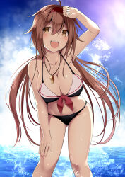 Rule 34 | 1girl, beach, bikini, breasts, brown eyes, brown hair, cleavage, day, hair between eyes, hair flaps, hairband, highres, kantai collection, kuromayu, large breasts, long hair, looking at viewer, low twintails, ocean, open mouth, outdoors, patterned clothing, red hairband, shiratsuyu (kancolle), shiratsuyu kai ni (kancolle), sky, solo, sun, sunlight, swimsuit, twintails, water, wet, whistle, whistle around neck