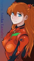 Rule 34 | 1girl, blue background, blue eyes, breasts, breasts apart, character name, covered erect nipples, from side, gradient background, hair between eyes, hand on own chest, long hair, medium breasts, neon genesis evangelion, orange hair, plugsuit, red background, solo, souryuu asuka langley, suesan, two side up