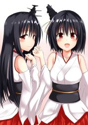 Rule 34 | 10s, 2girls, black hair, blush, breasts, detached sleeves, fusou (kancolle), hair ornament, headgear, japanese clothes, kantai collection, long hair, long sleeves, multiple girls, nontraditional miko, obi, open mouth, red eyes, red skirt, sash, short hair, skirt, tatsuno, tatsuno (saya-tatsuno), wide sleeves, yamashiro (kancolle)