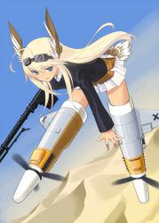 Rule 34 | 1girl, ahoge, bird tail, blonde hair, blue eyes, blue sky, collared shirt, day, desert, flying, goggles, goggles on head, gun, hanna-justina marseille, head wings, holding, holding weapon, huge ahoge, long hair, long sleeves, machine gun, military, military uniform, miniskirt, outdoors, pleated skirt, rifle, shimamura miwa, shirt, skirt, sky, solo, strike witches, striker unit, tail, uniform, weapon, weapon request, white skirt, wings, world witches series