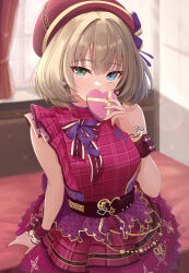 Rule 34 | 1girl, bare shoulders, blue eyes, blush, box, breasts, brown hair, candy, checkered clothes, chocolate, chocolate heart, commentary, dress, food, frilled dress, frills, green eyes, heart, heart-shaped box, heterochromia, highres, idolmaster, idolmaster cinderella girls, kirifrog, looking at viewer, medium breasts, mole, mole under eye, red dress, red headwear, red ribbon, ribbon, short hair, sitting, solo, takagaki kaede, valentine