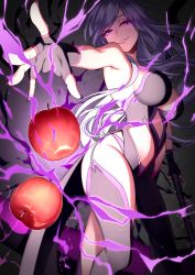 Rule 34 | 1girl, absurdres, apple, breasts, fingerless gloves, food, forute na, fruit, garter straps, gloves, highres, large breasts, leotard, long hair, looking at viewer, magic, nail polish, original, panties, parted lips, purple eyes, purple nails, purple panties, revealing clothes, shinigami, silver hair, smile, solo, strapless, strapless leotard, telekinesis, thighhighs, underwear, very long hair