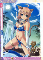 Rule 34 | 1girl, absurdres, animal ears, barefoot, beach, bikini, blue eyes, blurry, breasts, brown hair, cat, cat ears, cat tail, cleavage, clothes pull, depth of field, diving mask, elbow gloves, fish, fisheye, front-tie top, gloves, goggles, highres, image sample, medium breasts, navel, one-piece swimsuit pull, sideboob, smile, snorkel, solo, swimsuit, tail, tanbe, towel, wet