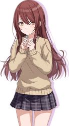 Rule 34 | 1girl, brown hair, cardigan, closed mouth, idolmaster, idolmaster shiny colors, long hair, looking away, looking to the side, miniskirt, official art, osaki tenka, plaid, plaid skirt, pleated skirt, school uniform, simple background, skirt, thighs, transparent background, yellow eyes