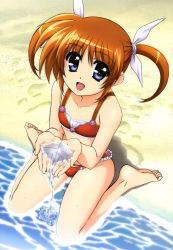 Rule 34 | 00s, 1girl, :d, absurdres, barefoot, beach, bikini, blue eyes, brown hair, cupping hands, feet, highres, looking at viewer, lyrical nanoha, mahou shoujo lyrical nanoha, nyantype, official art, okuda yasuhiro, open mouth, outdoors, own hands together, partially submerged, sand, scan, short twintails, sitting, smile, swimsuit, takamachi nanoha, toes, twintails, wariza, water