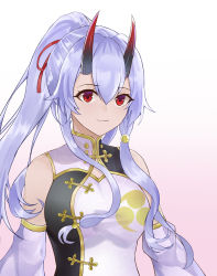 Rule 34 | 1girl, absurdres, china dress, chinese clothes, detached sleeves, dress, fate/grand order, fate (series), hair ribbon, heroic spirit traveling outfit, highres, horns, long hair, looking at viewer, mangchi (leeing0517), oni horns, ponytail, red eyes, ribbon, silver hair, smile, solo, tomoe (symbol), tomoe gozen (fate), tomoe gozen (traveling outfit) (fate), white background