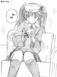 Rule 34 | 10s, 1girl, chair, check commentary, chicken99, commentary request, easy chair, greyscale, hat, highres, japanese clothes, kantai collection, kariginu, knees together feet apart, long hair, magatama, monochrome, musical note, onmyouji, pleated skirt, quaver, ribbon, ryuujou (kancolle), school uniform, scissors, serafuku, shikigami, sitting, skirt, smile, solo, spoken musical note, traditional media, twintails, twitter username, visor cap, white background