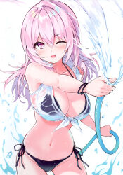 Rule 34 | 1girl, absurdres, bikini, blush, bracelet, breasts, cleavage, cu-no, highres, hisen kaede, holding, holding hose, hose, jewelry, large breasts, long hair, looking at viewer, navel, one eye closed, open mouth, pink hair, purple eyes, scan, see-through, side-tie bikini bottom, simple background, smile, solo, stomach, swimsuit, water, water drop, wet, wet clothes, white background, yayoi sakura