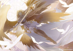 Rule 34 | 1girl, absurdres, angel wings, armor, armored boots, armored dress, backlighting, bare shoulders, bird, blonde hair, boots, dawnvows, detached collar, detached sleeves, douluo dalu, flying, full body, halo, highres, holding, holding sword, holding weapon, long hair, looking up, low wings, parted lips, qian renxue (douluo dalu), reverse grip, solo, sword, teeth, upper teeth only, weapon, white bird, wings