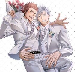 Rule 34 | 2boys, belt, blue eyes, blush, bouquet, brown eyes, coat, collared coat, collared shirt, commentary, feet out of frame, flower, formal, gojou satoru, hair slicked back, hand around waist, holding, holding bouquet, itadori yuuji, jewelry, jujutsu kaisen, looking at viewer, male focus, multiple boys, necktie, open mouth, pants, pink hair, ring, rose, rose pin, sealmeledak, shirt, single arm hug, smile, suit, symbol-only commentary, teeth, tongue, white background, white coat, white necktie, white pants, white shirt, white suit