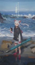 Rule 34 | 10s, 1girl, adapted costume, amatsukaze (kancolle), artist name, beach, book, boots, brown eyes, character name, choker, collarbone, dress, full body, garter straps, hair ornament, highres, jacket, kantai collection, long hair, long sleeves, looking at viewer, sailor dress, sidneysora, solo, standing, thigh strap, torpedo, twintails, white hair