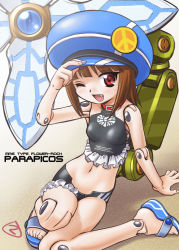 Rule 34 | 10s, 1girl, ;d, arm support, bare shoulders, brown hair, busou shinki, collar, doll joints, fang, hand on headwear, hat, highres, joints, bridal garter, mercy rabbit, navel, one eye closed, open mouth, original, red eyes, robot joints, sandals, short hair, smile, solo, swimsuit, wink