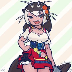 Rule 34 | 1girl, alternate costume, animal ears, asymmetrical dress, blush, brown eyes, brown hair, collarbone, cowboy shot, dirndl, dress, flower, german clothes, giant otter (kemono friends), hair flower, hair ornament, hand on own hip, highres, holding, holding tray, inada roku, jewelry, kemono friends, looking at viewer, multicolored hair, necklace, open mouth, otter ears, otter girl, otter tail, red dress, shirt, short hair, short sleeves, smile, solo, tail, tray, two-tone hair, white hair, white shirt