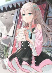 1girl ad cafe dress green_eyes grey_hair highres hiiraki_(pixiv_50562150) original