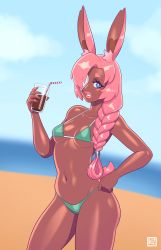 Rule 34 | 1girl, absurdres, animal ears, beach, bikini, blue eyes, breasts, chocolate milk, cup, dark-skinned female, dark skin, day, drinking glass, drinking straw, eyebrows, eyepatch, green bikini, hair over one eye, highres, holding, holding cup, lips, lipstick, long hair, looking at viewer, makeup, micro bikini, navel, original, outdoors, parted lips, pink hair, pink lips, rabbit ears, rabbit girl, rabbit tail, riz, shiny skin, small breasts, smile, solo, swimsuit, tail, teeth
