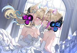 Rule 34 | 2girls, absurdres, alternate costume, animal ear fluff, animal ears, backless dress, backless outfit, bare shoulders, black collar, blonde hair, blue eyes, blue hair, blush, breasts, butterfly wings, chain, cleavage, collar, colored inner animal ears, dog ears, dog girl, dress, elbow gloves, eye contact, face-to-face, female focus, floating clothes, floating hair, from side, fuwawa abyssgard, gloves, hair between eyes, hand on another&#039;s chin, headphones, highres, holding hands, hololive, hololive english, incest, indoors, insect wings, interlocked fingers, large breasts, layered dress, long hair, looking at another, magnet (vocaloid), mococo abyssgard, multicolored hair, multiple girls, one side up, parted lips, pink eyes, pink hair, short hair, siblings, sideways mouth, sisters, small breasts, strapless, strapless dress, streaked hair, trap (drthumt), twincest, twins, upper body, virtual youtuber, wedding dress, white dress, white gloves, wife and wife, window, wings, yuri