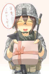 Rule 34 | 1girl, assault rifle, ayyh, bad id, bad pixiv id, blush, box, closed eyes, commentary, explosive, gift, gift box, glasses, gun, helmet, highres, load bearing vest, m4 carbine, military, military uniform, open mouth, original, patch, radio antenna, rifle, scarf, simple background, soldier, solo, speech bubble, translation request, uniform, valentine, weapon, white background
