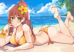 Rule 34 | 1girl, ass, bare legs, bare shoulders, barefoot, beach, bikini, blue sky, breasts, cleavage, cloud, commentary, day, doki doki literature club, english commentary, feet, feet up, flower, front-tie bikini top, front-tie top, green eyes, hair between eyes, hair flower, hair ornament, hair ribbon, tucking hair, long hair, looking at viewer, lying, medium breasts, monika (doki doki literature club), nail polish, on stomach, outdoors, palm tree, ponytail, ribbon, scrunchie, side-tie bikini bottom, sky, smile, soles, solo, swimsuit, the pose, tree, water, white ribbon, wrist scrunchie, xhunzei, yellow bikini, yellow nails, yellow scrunchie