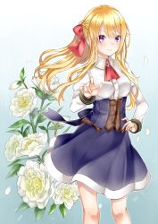 Rule 34 | 1girl, blonde hair, blue background, blue skirt, bow, braid, breasts, collared shirt, commentary request, dress shirt, fingernails, flower, gradient background, hair between eyes, hair bow, highres, long hair, long sleeves, mashiro aa, medium breasts, original, petals, ponytail, purple eyes, red bow, red neckwear, shirt, sidelocks, skirt, solo, underbust, very long hair, white background, white flower, white shirt