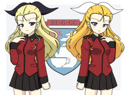 Rule 34 | 2girls, assam (girls und panzer), black ribbon, black skirt, blonde hair, blue eyes, closed mouth, commentary, cowboy shot, dual persona, emblem, epaulettes, girls und panzer, grey background, hair pulled back, hair ribbon, hand on own chest, highres, ichinose jun, insignia, jacket, long hair, long sleeves, looking at viewer, military, military uniform, miniskirt, multiple girls, orange hair, outside border, pleated skirt, red jacket, ribbon, skirt, smile, st. gloriana&#039;s (emblem), st. gloriana&#039;s military uniform, standing, symmetry, uniform, white ribbon