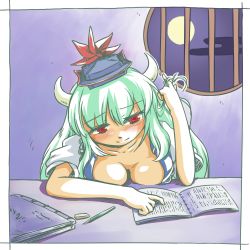 Rule 34 | 1girl, blush, book, breast rest, breasts, cleavage, cloud, desk, ex-keine, female focus, framed, full moon, futatsuki hisame, green hair, hand in own hair, hat, horns, kamishirasawa keine, large breasts, long hair, moon, night, pen, playing with hair, playing with own hair, red eyes, ribbon, round window, shirt, short sleeves, sky, smile, solo, touhou, window