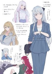 Rule 34 | 3girls, alternate costume, bag, blonde hair, breasts, cellphone, barghest (fate), fate/grand order, fate (series), green eyes, grey hair, handbag, heterochromia, high-waist skirt, highres, holding, holding bag, large breasts, long hair, looking at viewer, looking at watch, mmgmde, morgan le fay (fate), multiple girls, phone, purple eyes, purple hair, red eyes, red hair, skirt, smile, translation request, watch, white background, wristwatch