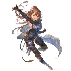 Rule 34 | 1girl, arm up, armor, armored boots, armpit cutout, beatrix (granblue fantasy), belt, blue scrunchie, bodysuit, boots, breasts, brown eyes, brown hair, cape, clothing cutout, full body, gauntlets, gloves, granblue fantasy, head tilt, high heels, leg up, long hair, looking at viewer, official art, ponytail, scrunchie, skin tight, smile, solo, teeth, thighhighs, transparent background, turtleneck