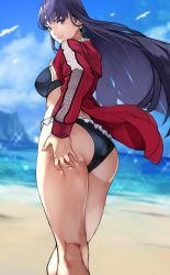 Rule 34 | 1girl, absurdres, ass, beach, bikini, black bikini, blue eyes, breasts, day, earrings, fate/grand order, fate (series), frilled bikini, frills, highres, hoop earrings, jacket, jewelry, large breasts, long hair, long sleeves, looking at viewer, looking back, martha (fate), martha (swimsuit ruler) (fate), martha (swimsuit ruler) (second ascension) (fate), ocean, open clothes, open jacket, purple hair, red jacket, sand, smile, solo, sparkle, swimsuit, thighs, water, yoshio (55level)