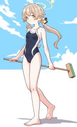 Rule 34 | 1girl, bare arms, bare legs, barefoot, black one-piece swimsuit, blue archive, breasts, broom, brown hair, cloud, collarbone, competition swimsuit, covered navel, full body, halo, hifumi (blue archive), holding, holding broom, long hair, looking at viewer, low twintails, one-piece swimsuit, shadow, small breasts, solo, special cat, swimsuit, twintails, walking, yellow eyes, yellow halo