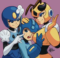 Rule 34 | 2girls, armor, blue eyes, breasts, cheek poking, height difference, honey woman, hug, large breasts, mateus upd, medium breasts, mega man (character), multiple girls, naughty face, open mouth, original, poking, prototype design, robot, splash woman