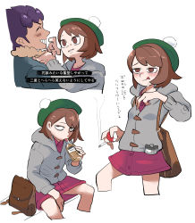 Rule 34 | 1boy, 1girl, alcohol, bag, bags under eyes, bottle, brown eyes, brown hair, cigarette, closed eyes, creatures (company), drooling, flask, game freak, gloria (pokemon), grin, hat, highres, holding, holding cigarette, hop (pokemon), multiple views, nintendo, pink skirt, poke ball, poke ball (basic), pokemon, pokemon swsh, pom pom (clothes), shoulder bag, simple background, sitting, skirt, smile, smoke, swept bangs, tam o&#039; shanter, tirarizun, tongue, tongue out, whiskey, white background